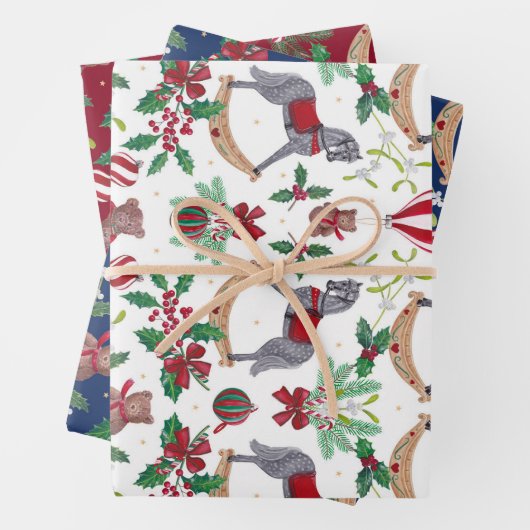 Nostalgische kerst Rocking Horse Beer feestelijk Inpakpapier Vel (In situ)