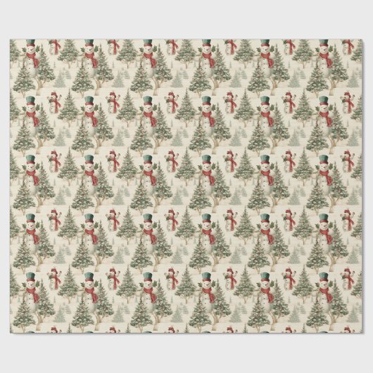 Nostalgische kerstbomen en  sneeuwpop cadeaupapier (Vlak)