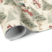 Nostalgische kerstbomen en  sneeuwpop cadeaupapier (Rol Hoek)