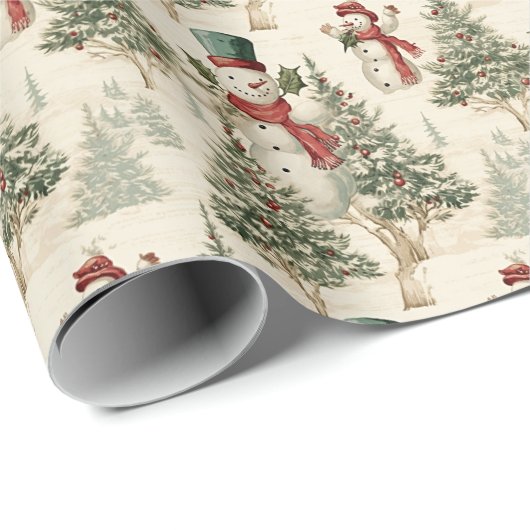 Nostalgische kerstbomen en  sneeuwpop cadeaupapier (Rol Hoek)