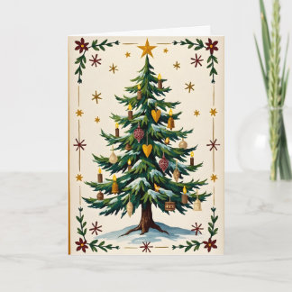 Nostalgische kerstboomgroet in volkskunststijl feestdagen kaart