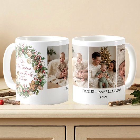 Nostalgische kerstfoto van een gezin van drie koffiemok