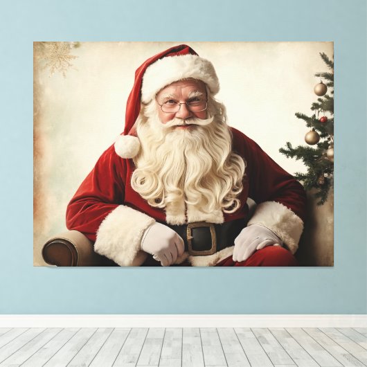 Nostalgische kerstman bij de kerstboom canvas afdruk (Insitu (Houten vloer))