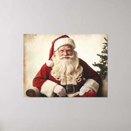 Nostalgische kerstman bij de kerstboom canvas afdruk (Voorkant)