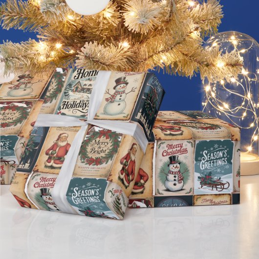 Nostalgische Kerstmis Collage Retro Vakantie Cadeaupapier (Feestdagen)