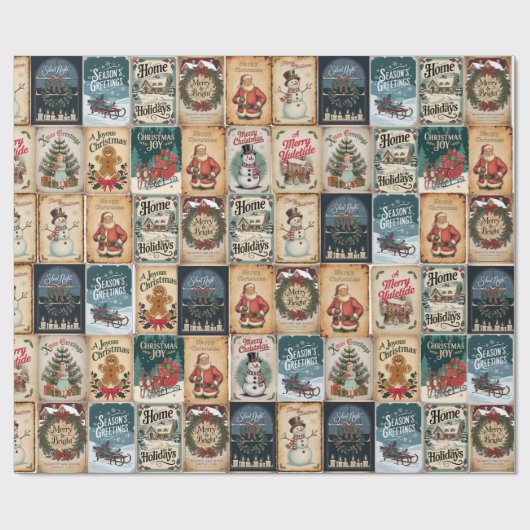 Nostalgische Kerstmis Collage Retro Vakantie Cadeaupapier (Vlak)