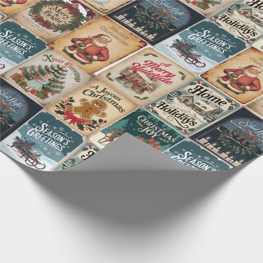 Nostalgische Kerstmis Collage Retro Vakantie Cadeaupapier (Hoek)