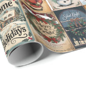 Nostalgische Kerstmis Collage Retro Vakantie Cadeaupapier (Rol Hoek)
