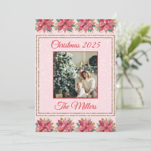 Nostalgische kerstpoinsettia feestdagenkaart (Staand voorkant)