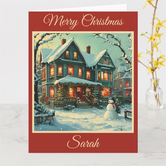 Nostalgische kerstscène met Snowman Kaart (Gele Bloem)