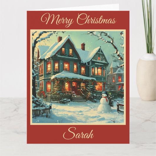 Nostalgische kerstscène met Snowman Kaart (Voorkant)