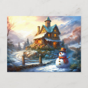 Nostalgische kerstsneeuwpop huisje uitnodiging briefkaart