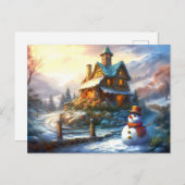 Nostalgische kerstsneeuwpop | huisje uitnodiging briefkaart (Voorkant / Achterkant)