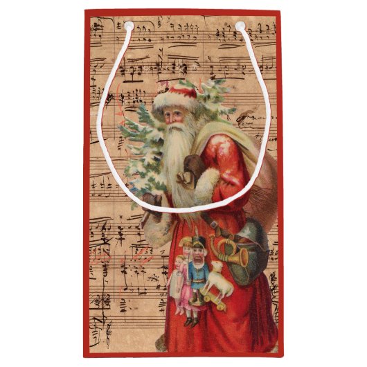 Nostalgische kerstspeelgoed en boom met blaasmuzie klein cadeauzakje (Achterkant)