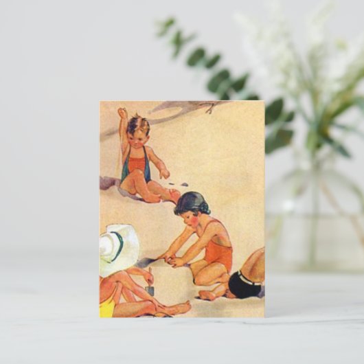 Nostalgische kinderen spelen in de zand briefkaart (Staand voorkant)