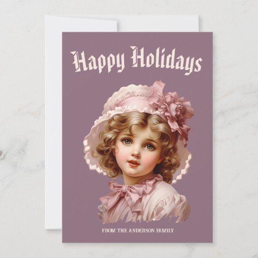 Nostalgische meisje in roze kerstkaart (Voorkant)