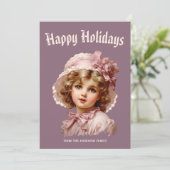 Nostalgische meisje in roze kerstkaart (Staand voorkant)