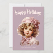 Nostalgische meisje in roze kerstkaart (Voorkant)