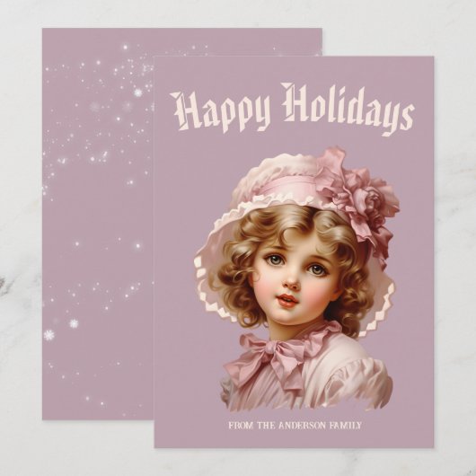 Nostalgische meisje in roze kerstkaart (Voorkant / Achterkant)