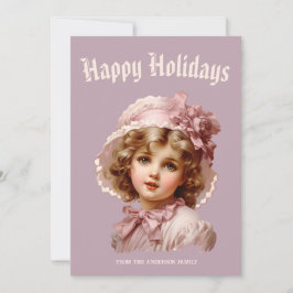 Nostalgische meisje in roze kerstkaart