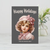 Nostalgische meisje in roze kerstkaart (Staand voorkant)