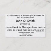 Nostalgische Open Road Funeral Prayer Card Horizon Visitekaartje (Achterkant)