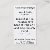 Nostalgische Open Road Funeral Prayer Card Vertica Visitekaartje (Achterkant)