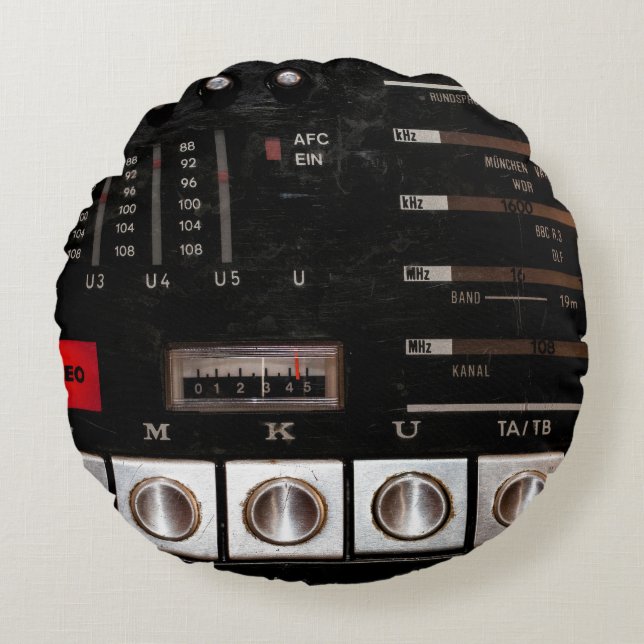 Nostalgische radio: Stereo Button Display Rond Kussen (Voorkant)