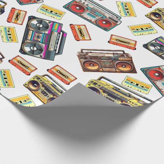 Nostalgische retro-boomdozen en cassettebanden cadeaupapier (Hoek)