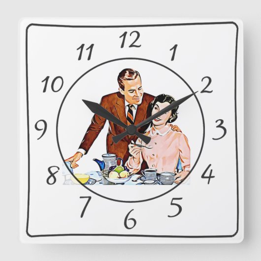 Nostalgische Retro Couple Kitchen Clock Vierkante Klok (Voorkant)