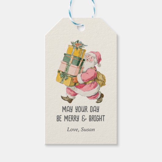 Nostalgische Retro Santa Claus in kerstcrème Cadeaulabel (Voorkant)