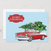 Nostalgische rode auto's en snijbomen feestdagenkaart (Voorkant / Achterkant)
