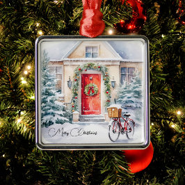 Nostalgische rode deur kerststal metalen ornament