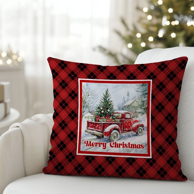Nostalgische rode vrachtwagen vakantietaferelen ru kussen (Nostalgic red truck holiday scene rustic Christmas pillow

)