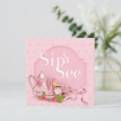 Nostalgische roze theezakje en zie Baby shower Kaart (Staand voorkant)