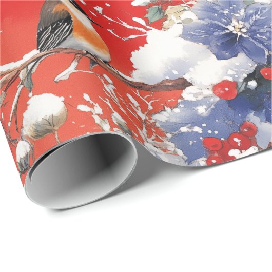 Nostalgische sneeuw en vogels kerstinpakpapier cadeaupapier (Rol Hoek)