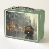 Nostalgische Snowy CityScape Metalen Lunchbox (Achterkant)