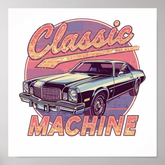Nostalgische Synthwave Zonsondergang Auto Poster (Voorkant)