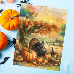 Nostalgische Thanksgiving Day Pompoen en Kalkoenen Feestdagenkaart