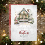 Nostalgische  vakantie Cottage Christmas Kaart<br><div class="desc">Niets zegt kerst als een prachtig huisje vol met vakantiegroen en buigt in een besneeuwd wintertafereel met een rustieke, gezellige bank opgestapeld met sneeuw op de stoel en eronder. Dit ontwerp komt tegemoet aan de belofte van alles wat kerst te bieden heeft om je familie, vrienden en kennissen een "Merry...</div>