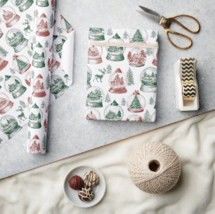 Nostalgische Vintage Rode Groene Kerst Sneeuwbolle Cadeaupapier