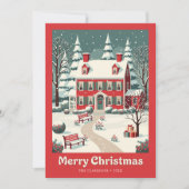 Nostalgische vrolijke kerst rode huis retro feestdagenkaart (Voorkant)