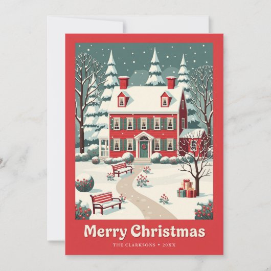 Nostalgische vrolijke kerst rode huis retro feestdagenkaart (Voorkant)