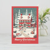 Nostalgische vrolijke kerst rode huis retro feestdagenkaart (Staand voorkant)