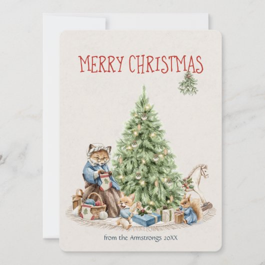 Nostalgische Waterverf Animal Christmas Kaart (Voorkant)