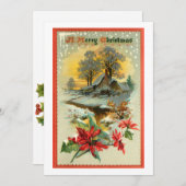 Nostalgische  winterscène en kerst Holly Feestdagenkaart (Voorkant / Achterkant)