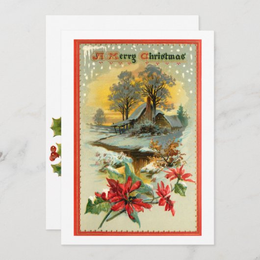 Nostalgische  winterscène en kerst Holly Feestdagenkaart (Voorkant / Achterkant)