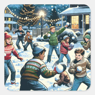 Nostalgische winterscène   Sneeuwballengevecht voo Vierkante Sticker