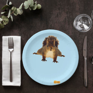 Nosy red squirrel in snow blue papieren bordje