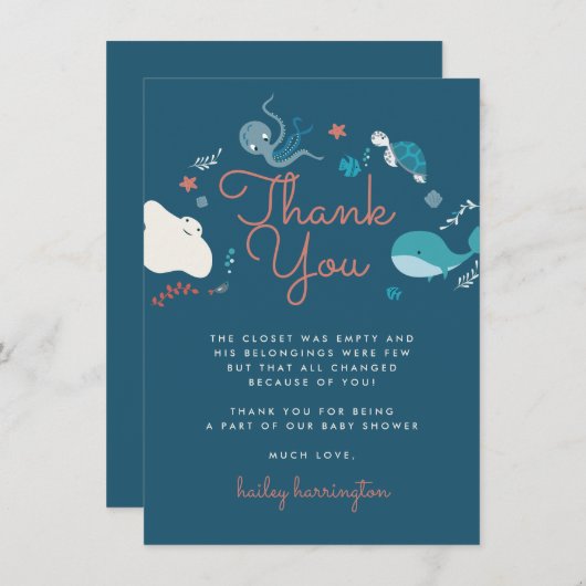 Nota onder het Baby shower van het Zee Dank u. Bedankkaart (Voorkant / Achterkant)
